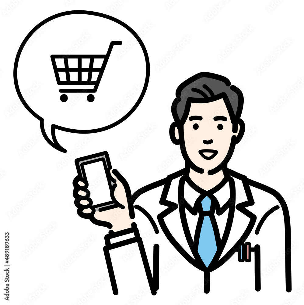 スマートフォンを持ってショッピングの説明をしている白衣を着た若い男性医師
