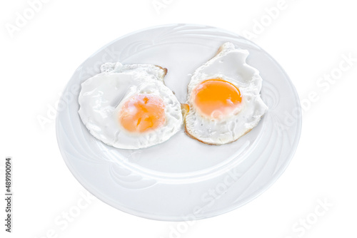 Eggs: Fried Egg, breakfast on the table, isolated on white background, on top view food cooking photo object design