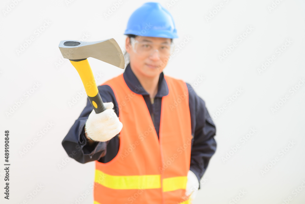 Man hold steel ax tools on white background. Man hold steel ax tools on white background.