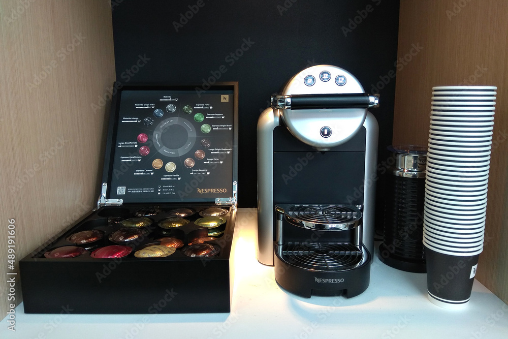 TAIPEI, TAIWAN - JUNE 26, 2018: New Nespresso Coffee Machine set in Taipei  101 Mall. Nespresso Machines