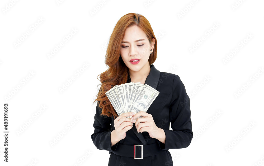US dollars money in hand pretty young asian business woman trading and investing, business bankruptcy economic financial concept. US dollars money in hand pretty young asian business woman trading and investing, business bankruptcy economic financial concept.