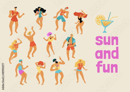 Vector illustration for invitation card or beach party banner with young people dancing and drinking cocktails.