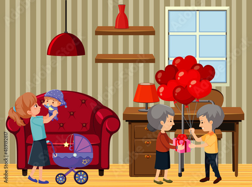 Workroom scene with family members