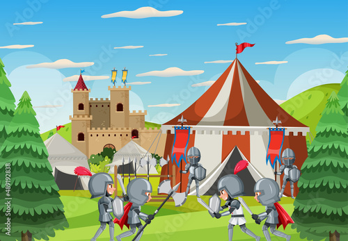 Medieval army camp scene with armour warriors