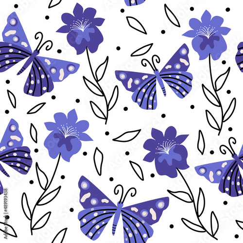 Beautiful abstract very peri seamless vector pattern background illustration with cartoon butterflies and flowers	
