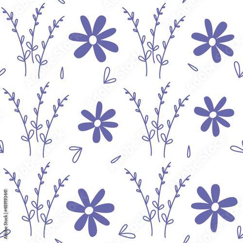 Cute lovely very peri seamless vector pattern background illustration with daisy flowers and romantic branch	