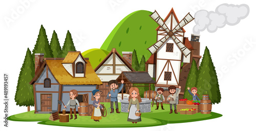 Isolated ancient medieval village and villagers