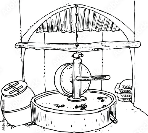 Ancient olive oil press engraving vector. Scratch board style imitation. Black and white hand drawn image.