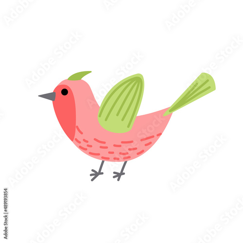 Little bird, nestling, chick. Pink bird, green wings. Flat, cartoon, isolated