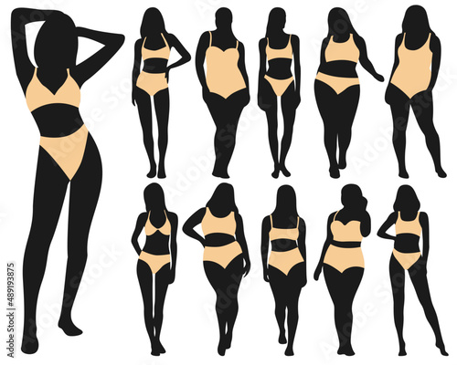 Silhouette of women in a swim suit. Women in bikini illusration. Slim and plus size models in underwear vector set. 