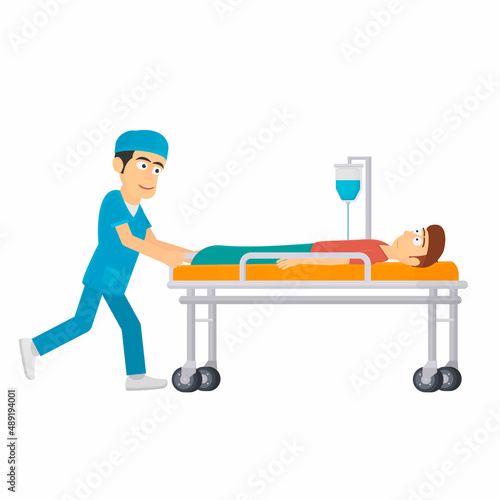 Medic with a patient. Transportation of the victim on a gurney, vector illustration