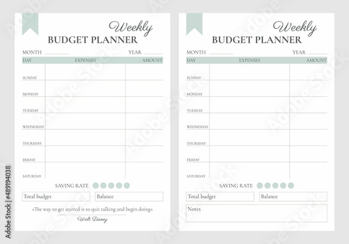 Financial planner page vector templates. Budget for the week. Minimalistic strict design with a quote or notes