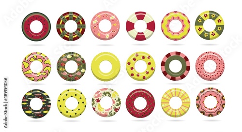 Circles for swimming with different patterns. Inflatable toys. Water safety. Vector illustration
