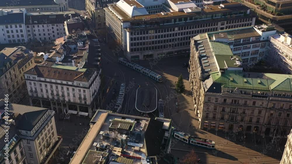  Aerial drone footage of the famous Parade Platz in the heart of Zurich downtown district lined with many large international banks HQ in Switzerland