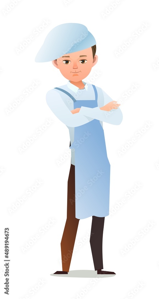 Male cook in overalls. Little boy from kitchen in an apron. Cheerful person. Standing pose. Cartoon comic style flat design. Single character. Illustration isolated on white background. Vector Male cook in overalls. Little boy from kitchen in an apron. Cheerful person. Standing pose. Cartoon comic style flat design. Single character. Illustration isolated on white background. Vector