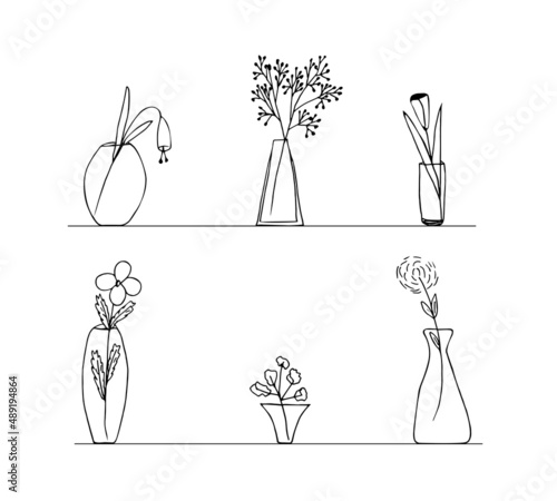Linear set vase with bouquet of flowers. Black lines on a white background. Line art and doodle, hand drawn. Vector illustration