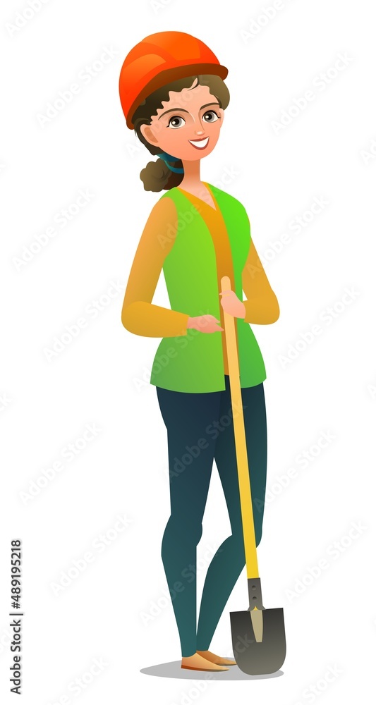 Little girl in overalls. Teen Handyman, locksmith or repairman. Cheerful person. Standing pose. Cartoon comic style flat design. Single character. Illustration isolated on white background. Vector Little girl in overalls. Teen Handyman, locksmith or repairman. Cheerful person. Standing pose. Cartoon comic style flat design. Single character. Illustration isolated on white background. Vector