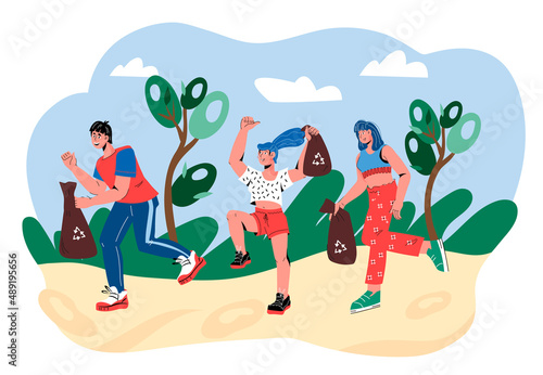 People running and plogging, picking up litter. Plogging and volunteering clean up event, flat vector illustration isolated on white background.