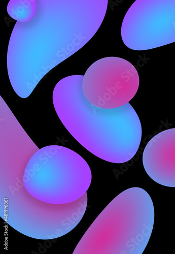 Abstract multicolor liquid pattern. Colorful fluid overlapping shapes on black background. Glowing pink and blue neon lights illustration.	