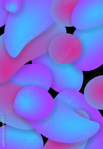 Abstract multicolor liquid pattern. Colorful fluid overlapping shapes on black background. Glowing pink and blue neon lights illustration.	