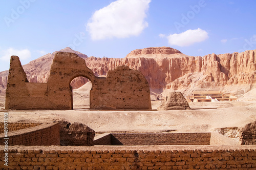 Panoramic view on Mortuary Temple of Hatshepsut and ruins of huge portal in Luxor Deir El-Bahari Egypt photo