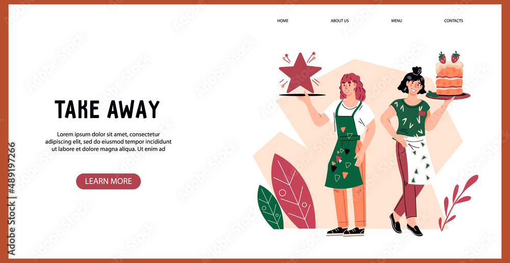 Takeaway or restaurant website banner template. Best service and online food ordering concept with friendly waitresses, flat vector illustration. Takeaway or restaurant website banner template. Best service and online food ordering concept with friendly waitresses, flat vector illustration.