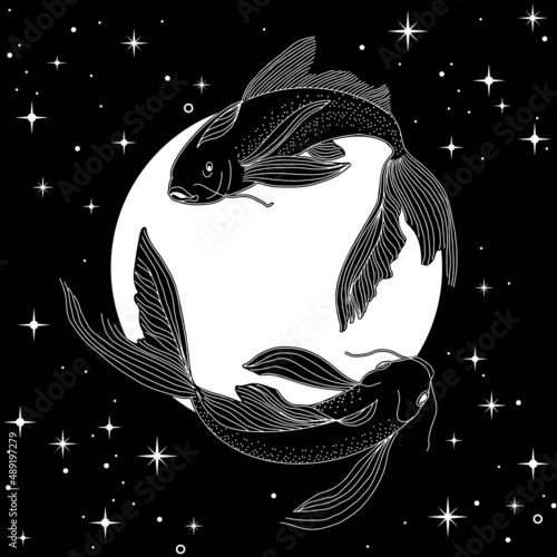 Fantastic celestial fish swimming in space. Vector esoteric illustration.