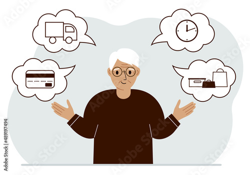 Ordering and delivery process concepts. Happy grandfather and steps of a delivery order. Payment, delivery car, waiting hours and goods and purchases.