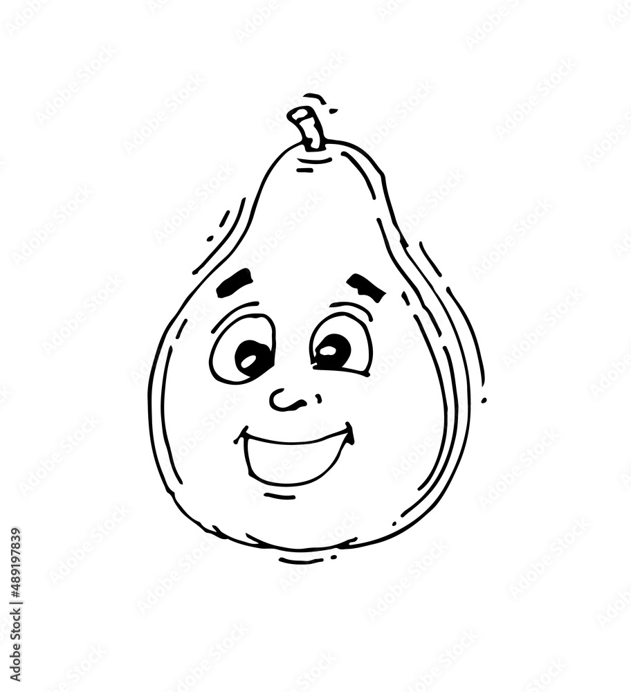 Pear laughs. Funny Face. Cheerful drawing of fruit. Hand drawing outline. Sketch Isolated on white background. Vector Pear laughs. Funny Face. Cheerful drawing of fruit. Hand drawing outline. Sketch Isolated on white background. Vector