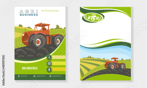 Banners of the agricultural concept. A tractor is plowing in a field among farmlands. Vector rural background for the design of leaflets or booklets.