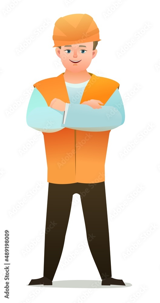 Little boy in overalls. Teen Handyman, locksmith or repairman. Cheerful person. Standing pose. Cartoon comic style flat design. Single character. Illustration isolated on white background. Vector Little boy in overalls. Teen Handyman, locksmith or repairman. Cheerful person. Standing pose. Cartoon comic style flat design. Single character. Illustration isolated on white background. Vector