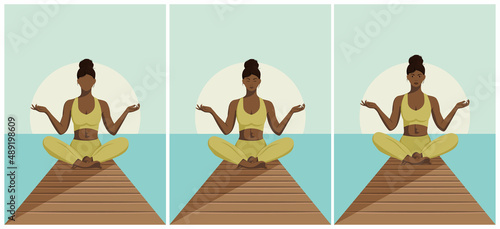 A touching girl with dark skin sits on a pier on the seashore and meditates, does yoga. Vector illustration. Fitness center banner, advertising poster, character with face, no face