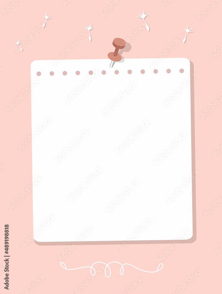 Note paper on a pink background. A sheet of notebook paper pinned to the wall. Vector illustration, flat style.