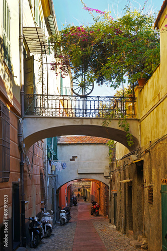 Narrow street in the old town of Ventimiglia in Italy