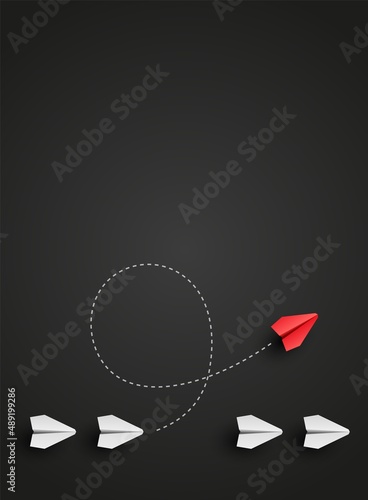 Individuality concept. Individual and different leader red paper plane flies to the side. Vector