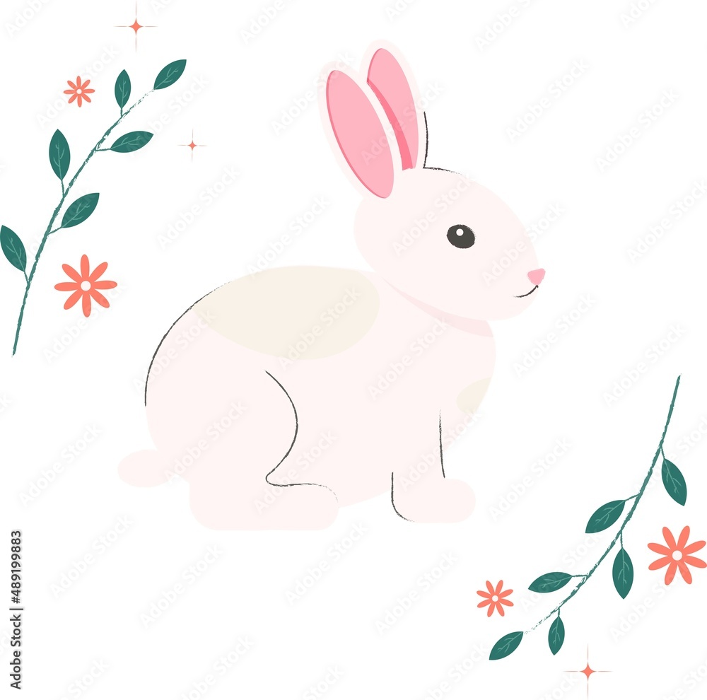 Cute white rabbit sitting with green leaves Cute white rabbit sitting with green leaves
