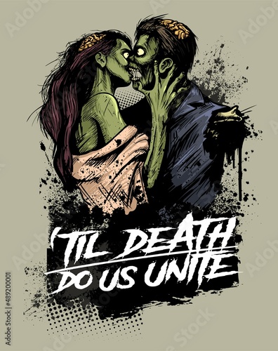 Comic book style kissing zombie couple with blood stains on background. Zombie love illustration.