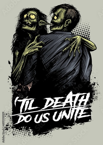 Comic book style kissing zombie couple with blood stains on background. Zombie love illustration.
