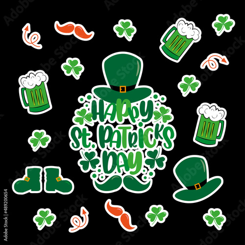 St. Patrick's Day sticker set. Leprechaun hat, beer mug, boots, mustache and clover leaf shape.