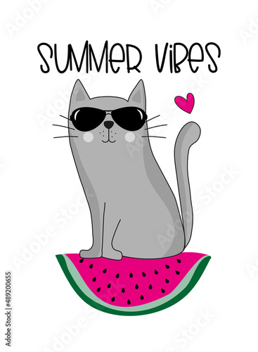 Summer Vibes - cool cat on watermelon slice. Good for T shirt print, poster, card, label, and other desoration.