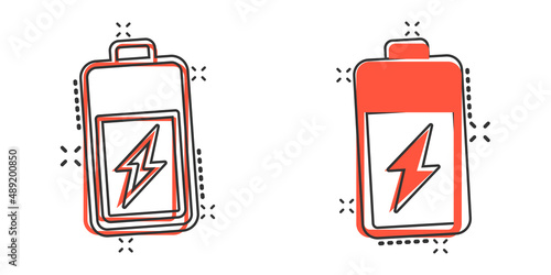 Battery icon in comic style. Accumulator cartoon vector illustration on white isolated background. Energy charger splash effect business concept.