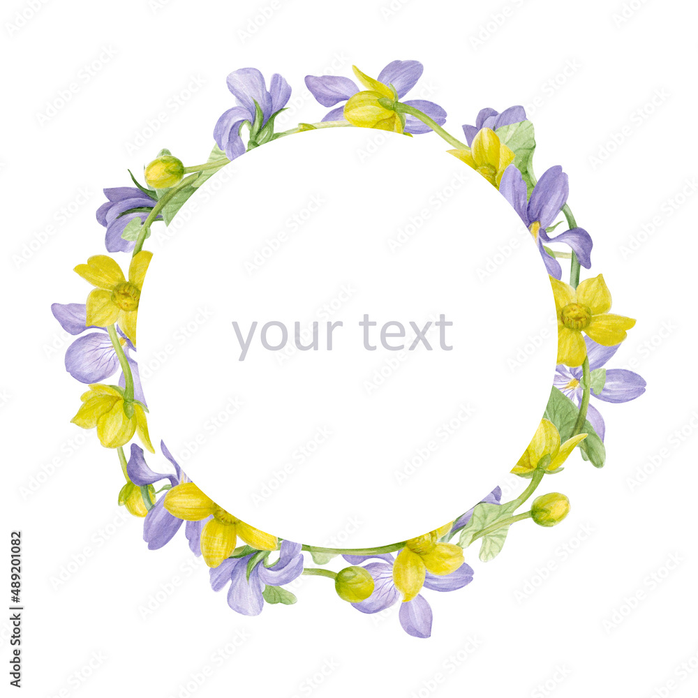 Frame of watercolor flowers (violets and caltha palustris). Frame of watercolor flowers (violets and caltha palustris).