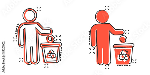 Garbage bin with people icon in comic style. Recycle cartoon vector illustration on white isolated background. Trash basket splash effect sign business concept.