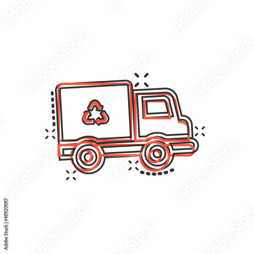 Garbage truck icon in comic style. Recycle cartoon vector illustration on white isolated background. Trash car splash effect sign business concept.