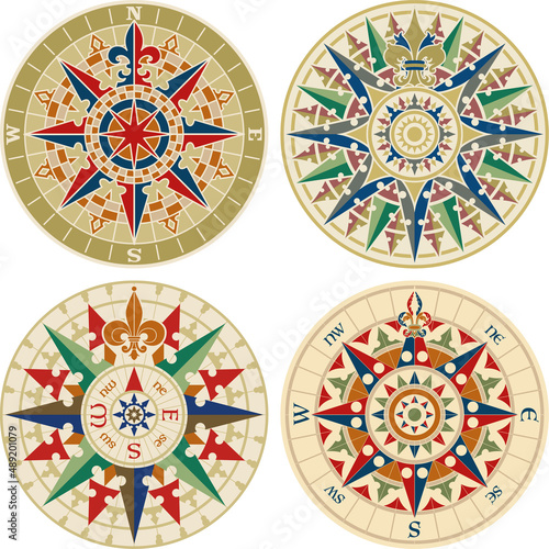 Antique nautical compass wind rose vector collection