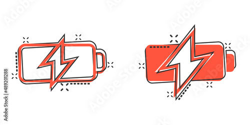 Battery icon in comic style. Accumulator cartoon vector illustration on white isolated background. Energy charger splash effect business concept.