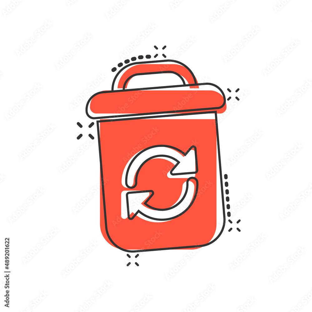 Obraz premium Garbage bin icon in comic style. Recycle cartoon vector illustration on white isolated background. Trash basket splash effect sign business concept.