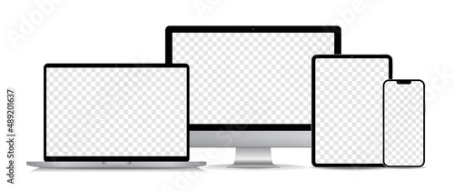 Realistic technology device mockup vector set. Phone, laptop computer, tablet, monitor with empty screen on white background.