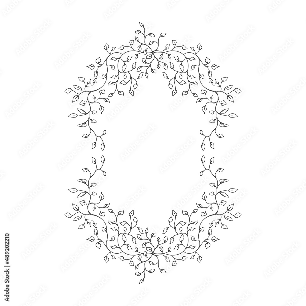 Magical ivy plant vintage oval frame vector illustration isolated on white. Boho Line art style small leaves on branches arrangement for Halloween.