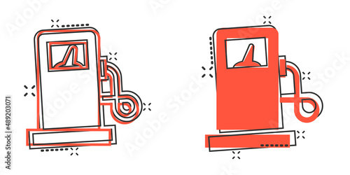 Fuel pump icon in comic style. Gas station cartoon sign vector illustration on white isolated background. Petrol splash effect business concept.